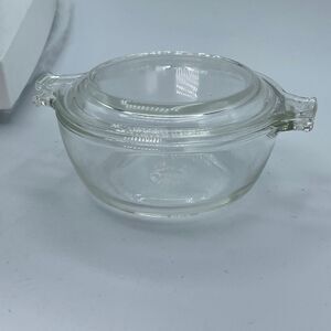 Vintage Pyrex #018 clear glass mini 10oz casserole dish. Two pieces